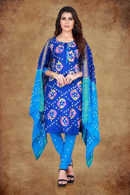 blue Cotton Salwar Suit Dupatta Bandhani Dress Material 1