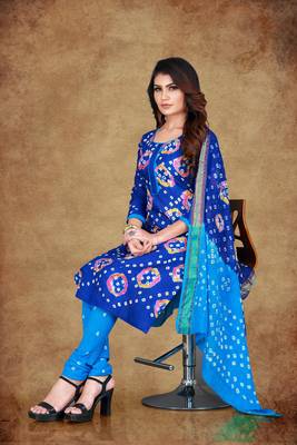 blue Cotton Salwar Suit Dupatta Bandhani Dress Material 4