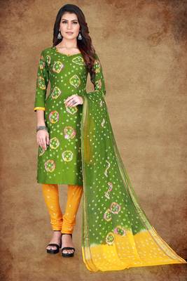 green Cotton Salwar Suit Dupatta Bandhani Dress Material 1