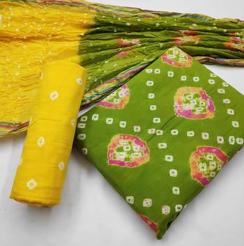 green Cotton Salwar Suit Dupatta Bandhani Dress Material 2