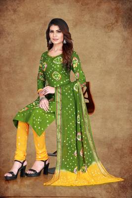 green Cotton Salwar Suit Dupatta Bandhani Dress Material 4