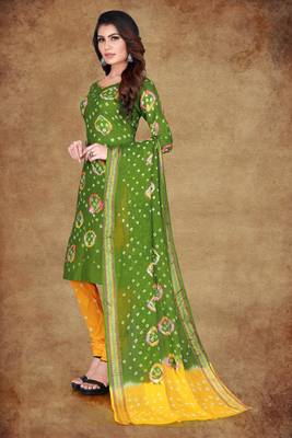 green Cotton Salwar Suit Dupatta Bandhani Dress Material 5
