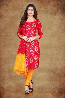 red Cotton Salwar Suit Dupatta Bandhani Dress Material 1