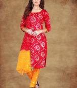 red Cotton Salwar Suit Dupatta Bandhani Dress Material