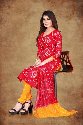 red Cotton Salwar Suit Dupatta Bandhani Dress Material 4