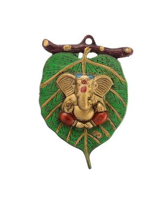 Lord Ganesha on Leaf White Metal Wall 1