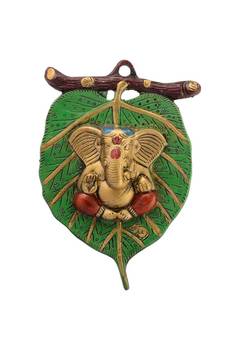 Lord Ganesha on Leaf White Metal Wall