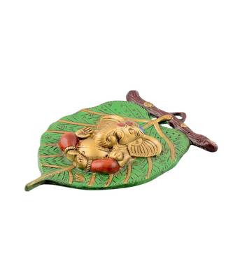 Lord Ganesha on Leaf White Metal Wall 3