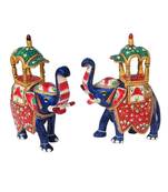 Hand Painted Metal Enamelled Pair of Ambari Elephant