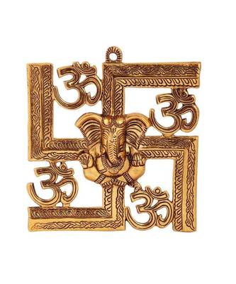 vivan creation aluminium swastik om ganesh wall hanging golden 1