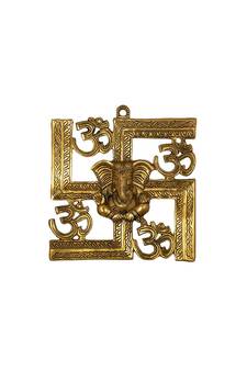 Gold Finish Wall Hanging of Lord Ganesha On Swastik with Om