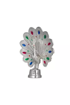 White Metal Silver Plated Fengshui Peacock Bird Showpiece