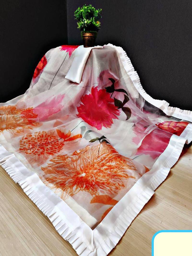 Party Wear Bollywood Malaika Arora White Organza Silk Printed With Ruffle Saree With Blouse