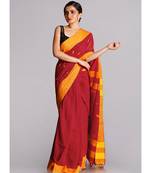 red handloom cotton saree with yellow motifs border and pallu