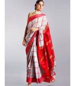 grey blended cotton saree with red checks border pallu
