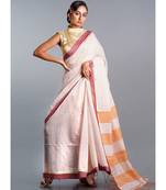 off white blended cotton saree with pin stripes and maroon border