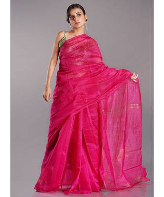pink blended cotton saree with golden border 1