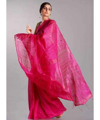 pink blended cotton saree with golden border 2