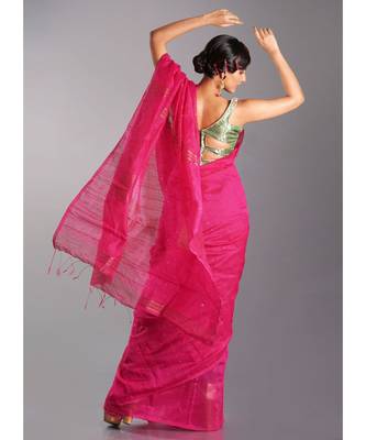 pink blended cotton saree with golden border 3