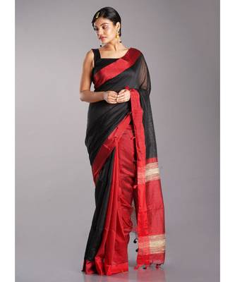 black blended cotton saree with red border and pallu 1