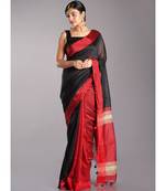 black blended cotton saree with red border and pallu