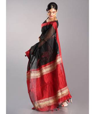 black blended cotton saree with red border and pallu 2