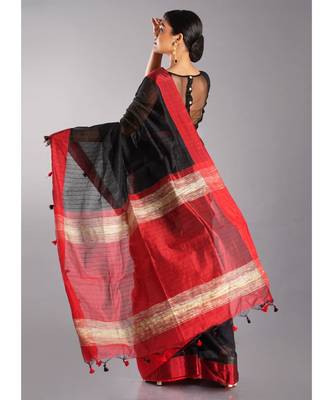 black blended cotton saree with red border and pallu 3