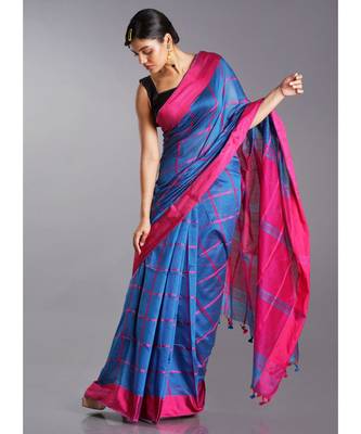 blue blended cotton saree with pink checks and pallu 1