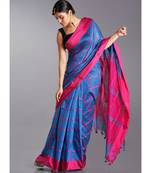 blue blended cotton saree with pink checks and pallu