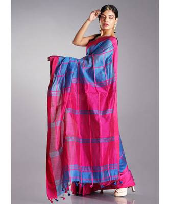 blue blended cotton saree with pink checks and pallu 2