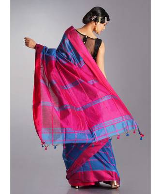 blue blended cotton saree with pink checks and pallu 3