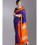 royal blue blended cotton saree with orange pallu and border