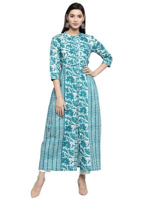 Turquoise printed cotton kurtas-and-kurtis 1