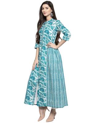 Turquoise printed cotton kurtas-and-kurtis 4