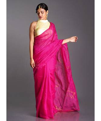 pink blended cotton saree with golden border 1