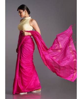pink blended cotton saree with golden border 2