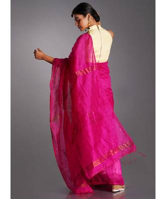 pink blended cotton saree with golden border 3