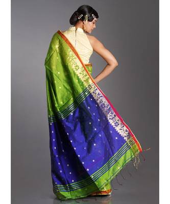 green blended cotton saree with blue pallu and golden motifs 3