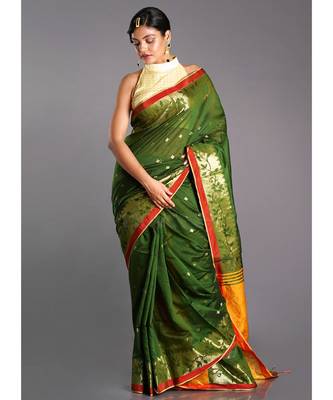mehendi green blended cotton saree with yellow pallu and golden motifs 1