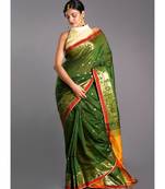 mehendi green blended cotton saree with yellow pallu and golden motifs