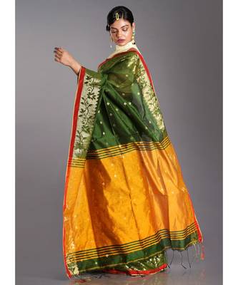 mehendi green blended cotton saree with yellow pallu and golden motifs 2