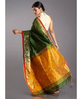 mehendi green blended cotton saree with yellow pallu and golden motifs 3