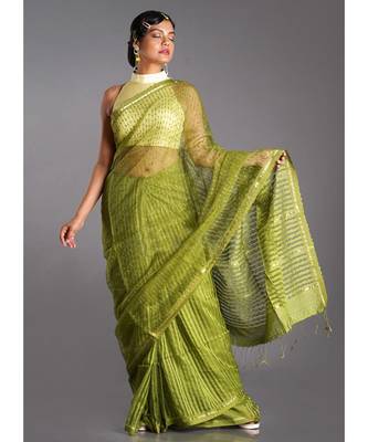 moss green blended cotton saree with golden strips 1