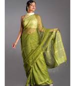 moss green blended cotton saree with golden strips