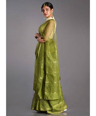 moss green blended cotton saree with golden strips 2