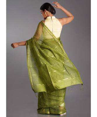 moss green blended cotton saree with golden strips 3