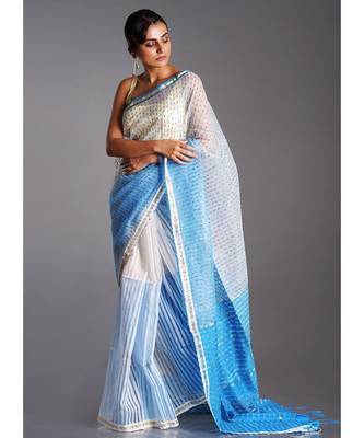 off white and blue blended cotton saree with golden strips 1