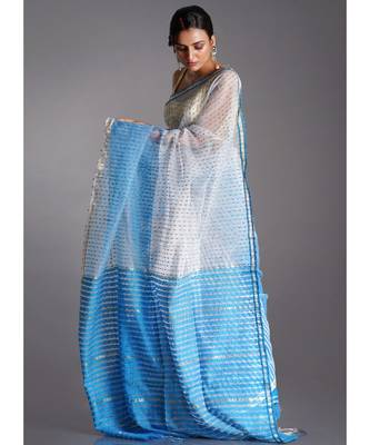 off white and blue blended cotton saree with golden strips 2
