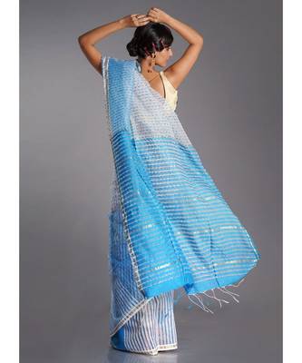 off white and blue blended cotton saree with golden strips 3