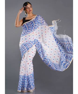 off white blended cotton saree with blue print 1